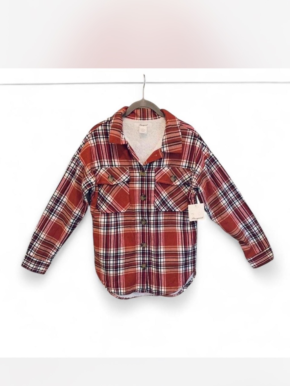 Cozy New with Tag Passport Red Plaid Sherpa-Lined Button-Up Shirt Jacket size S